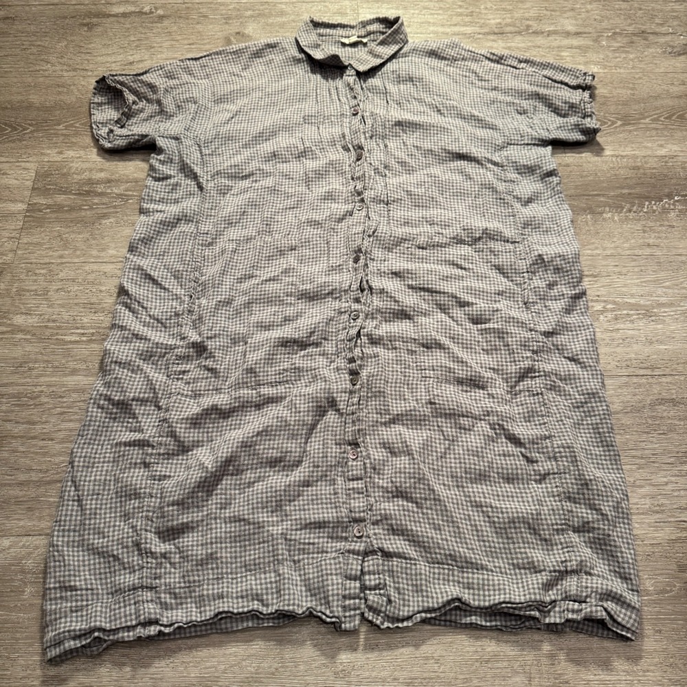 Eileen Fisher Shirt Dress Women M Gingham Organic Linen Quiet Comfort Costal
